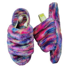 UGG Fluff Yeah Slide Slippers 6 Furry Cozy Strap Rainbow Pixelate Open Toe